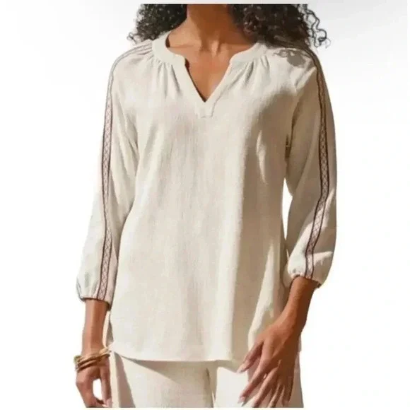 Soft Surroundings size Small linen pullover embroidered tunic top blouse mirage - Picture 1 of 7